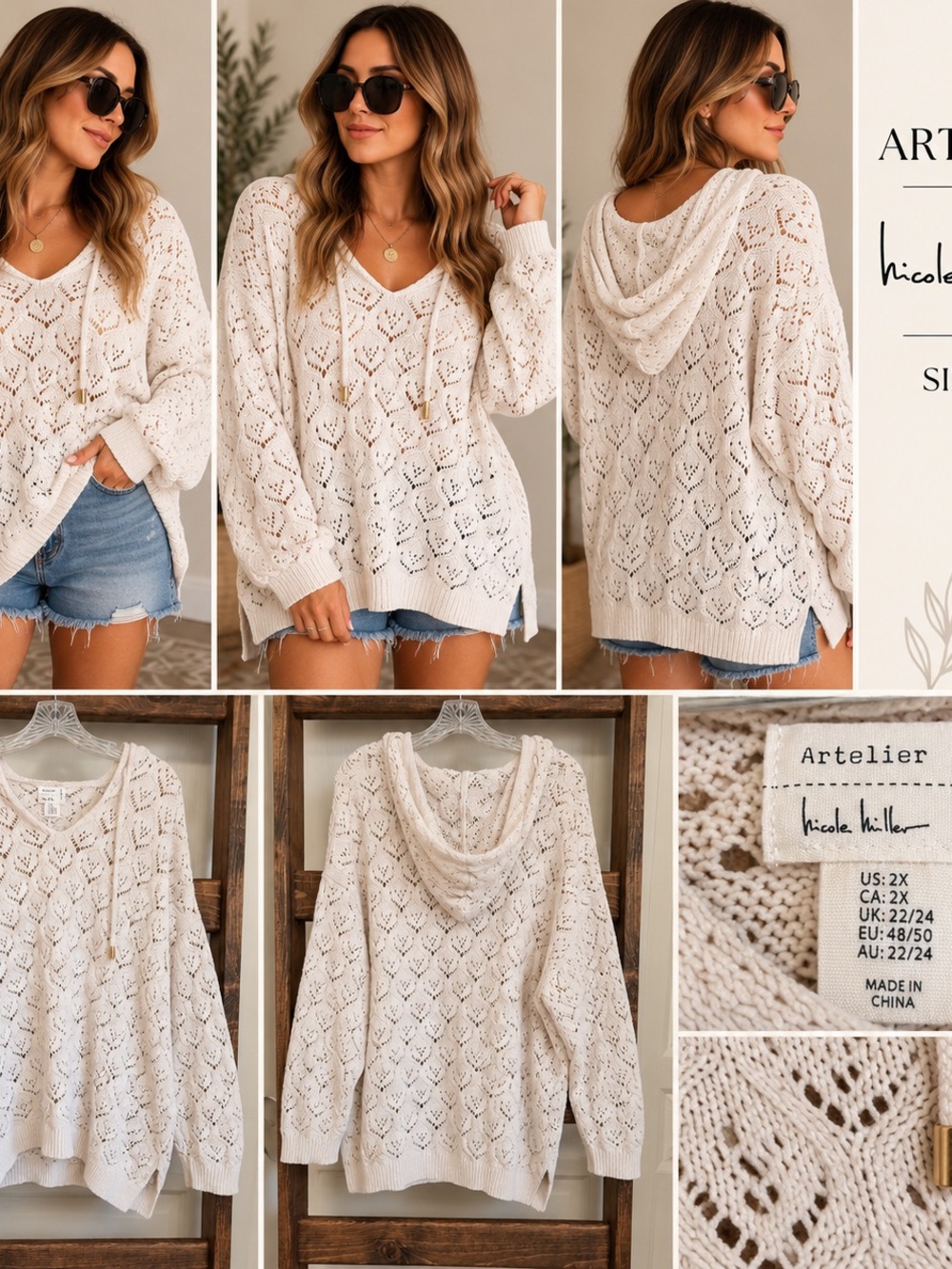 Artelier Nicole Miller 2X Ivory Open Knit Crochet Hooded Sweater Boho